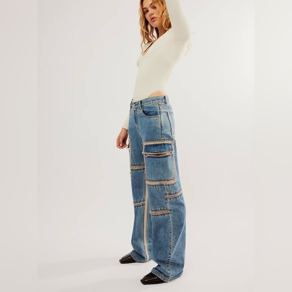Free People FAÇON JACMIN Palma Torn Cargo Jeans Baggy Grunge Distressed Sz 28